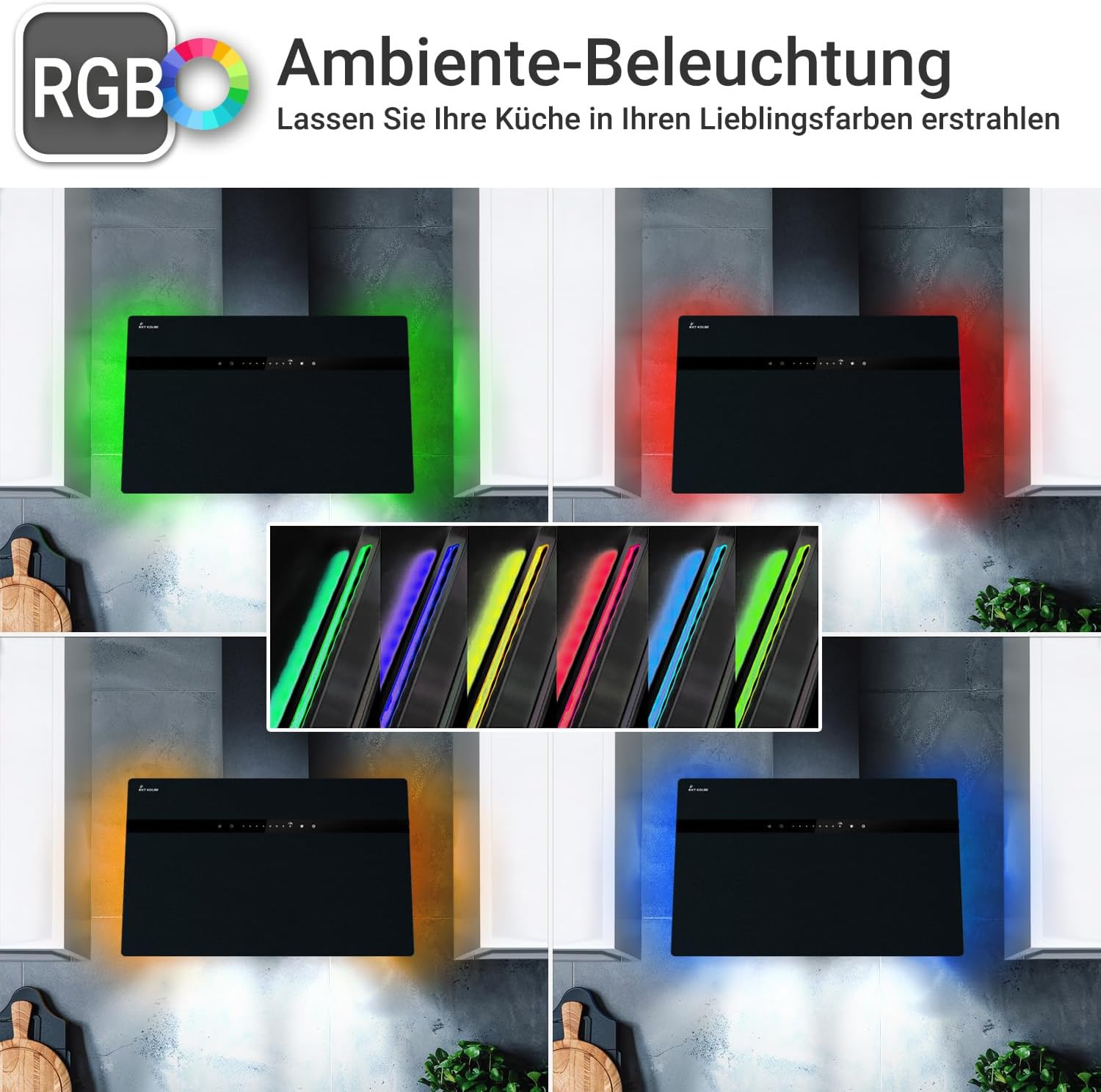 KKT KOLBE A+++ Dunstabzugshaube 90 cm 782 cbm/h Kopffreie Wandhaube Edelstahl schwarzes Glas WLAN RGBW-LED-Beleuchtung SensorTouch Bedienung STYLE9005SMAO