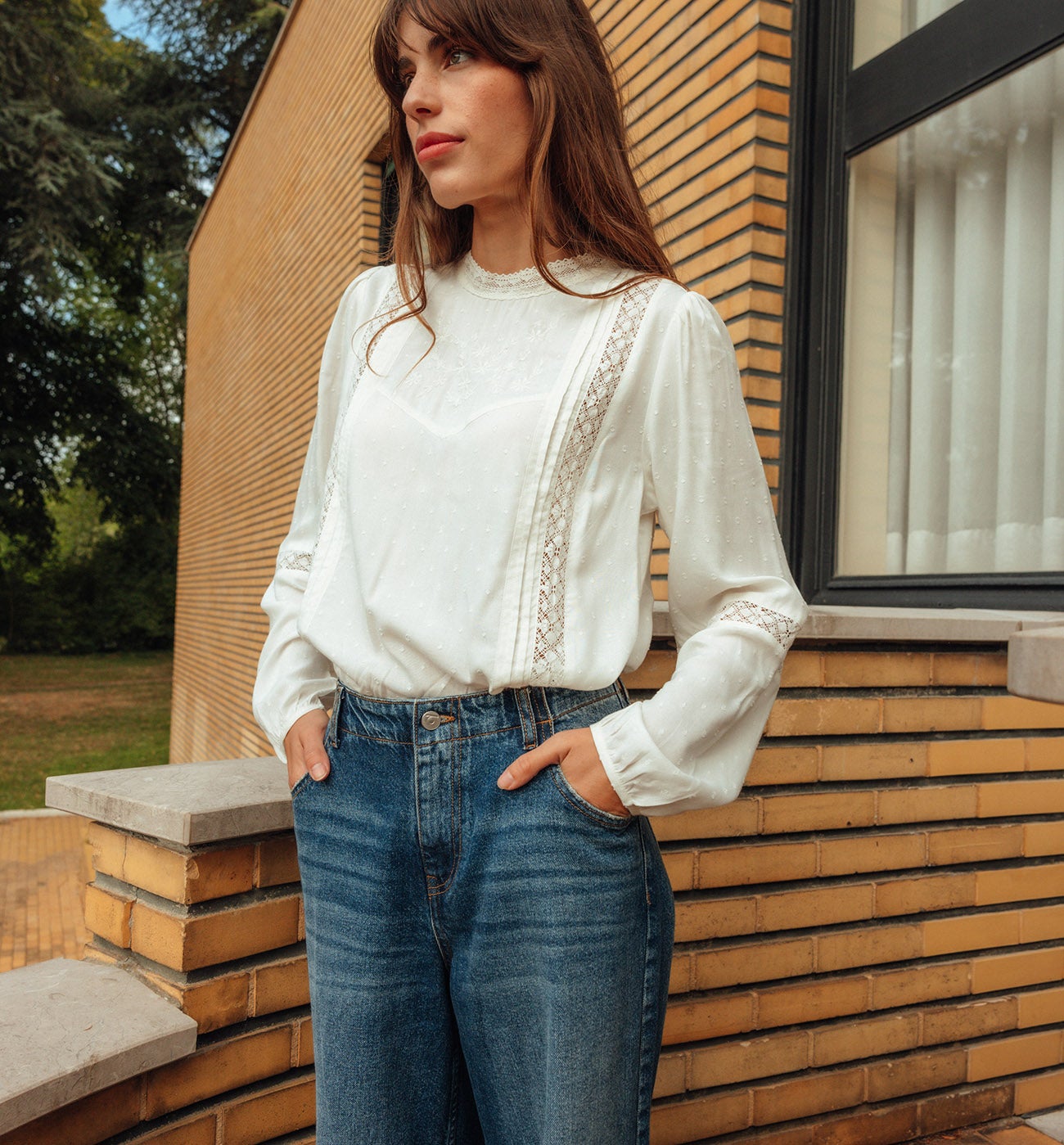 Blouse rétro brodée Femme - Ecru