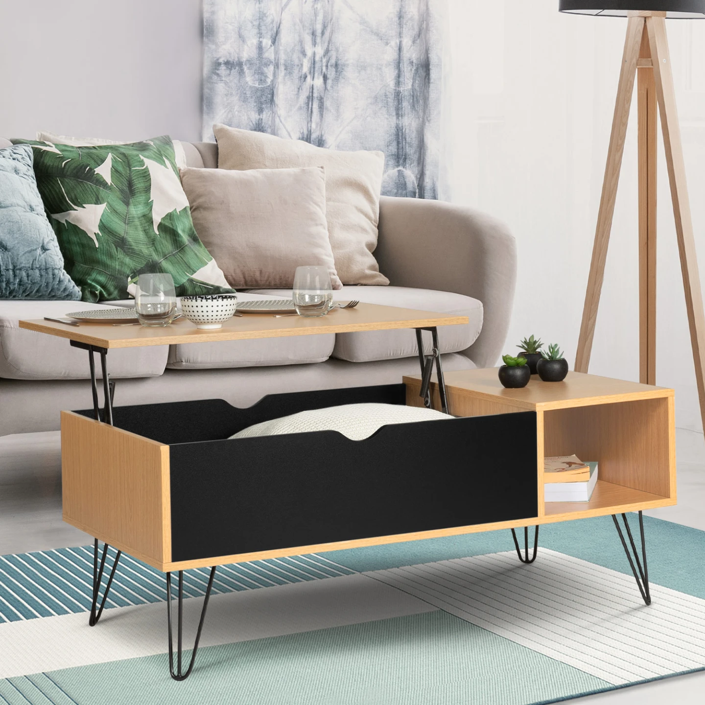Table basse plateau relevable rectangulaire NOEMI bois pied épingle