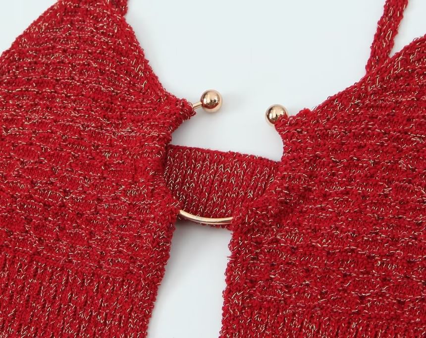 Sensarra - Spaghettibandjes Melange Cutout Knit Midi Schede Jurk