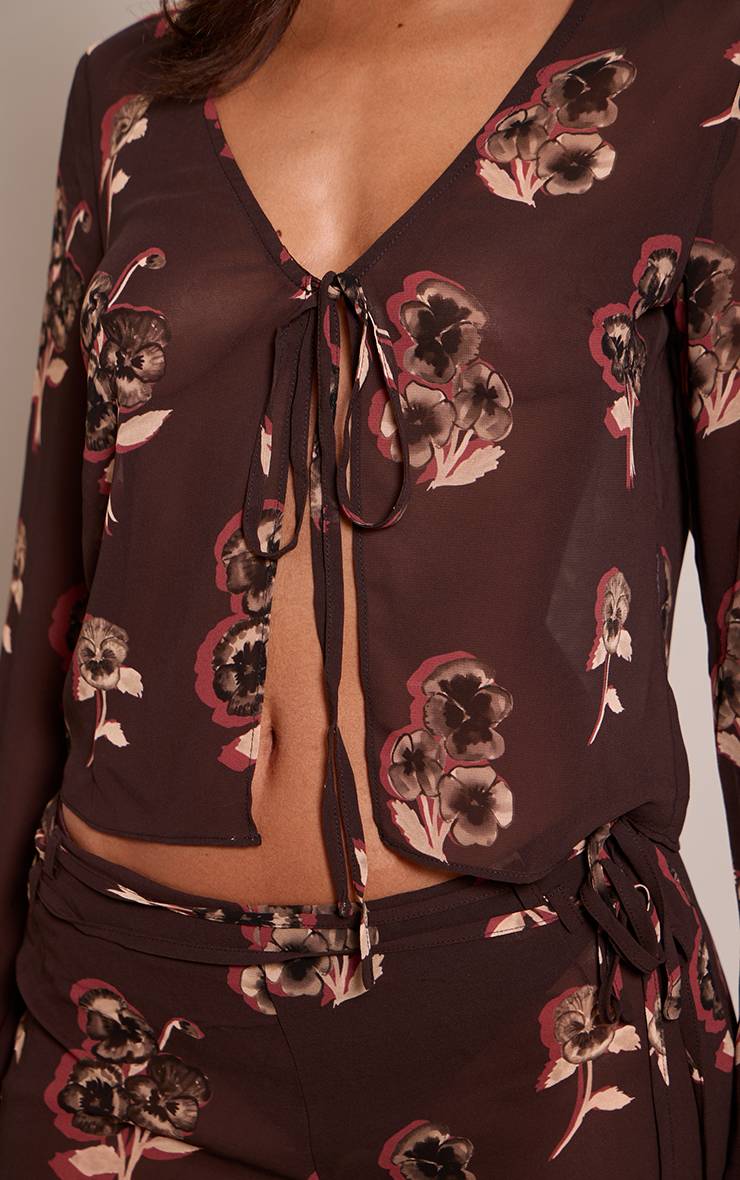 Chocolat Ensemble Coordonné Petite Top Transparent À Manches Longues Avec Nœud Devant Imprimé Floral