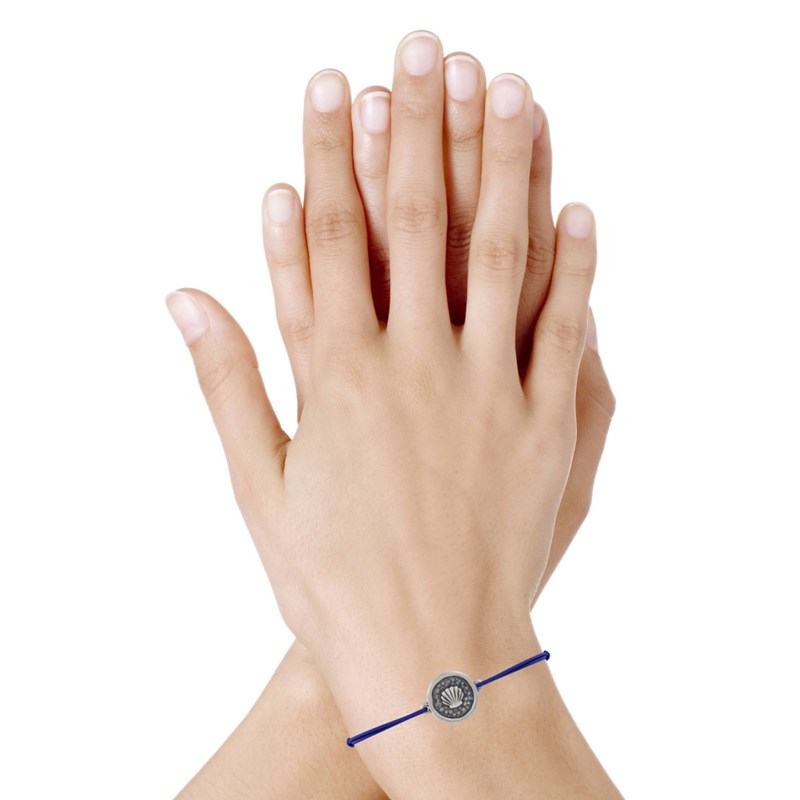 Bracelet Lien Médaille Ronde Laiton Argenté Coquillage - Bleu Navy