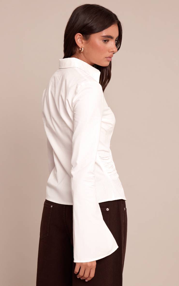 Blanc Chemise À Manches Évasées Avec Détail Froncé À La Taille