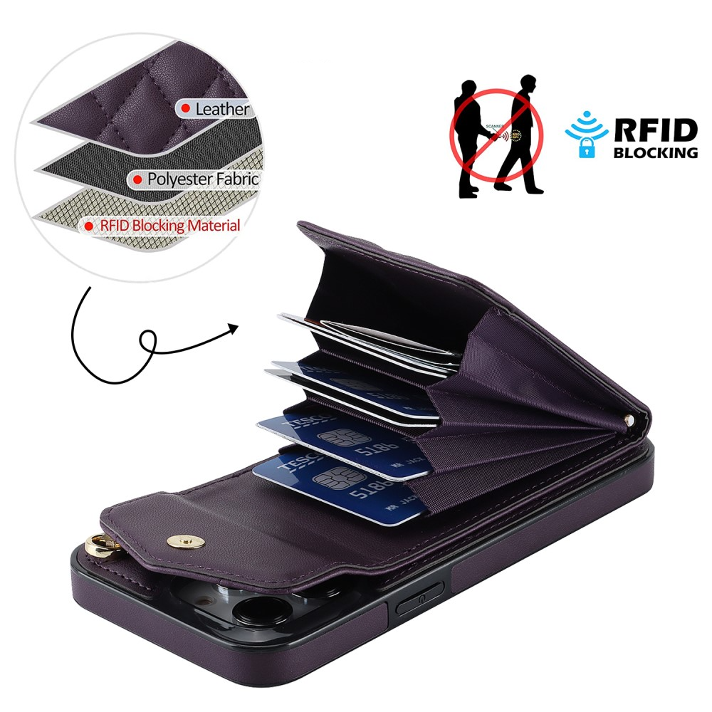 iPhone 15 Pro Max Necklace Leder Hülle mit Kartenfächer   Finger Griff Halterung   Handykette (RFID Schutz) - Violett