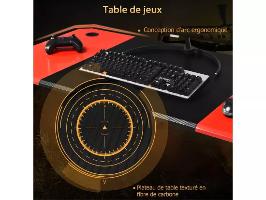 Bureau de Jeu Bureau Gamer Surface en Fibre de Carbone 120 X 60 X 76CM avec Porte-gobelet, Crochet pour Ecouteurs et Supports Audio (Noir et Rouge)
