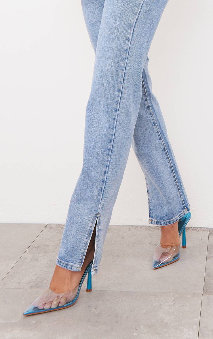 Light Blue Wash Jean Jambes Longues À Ourlet Fendu
