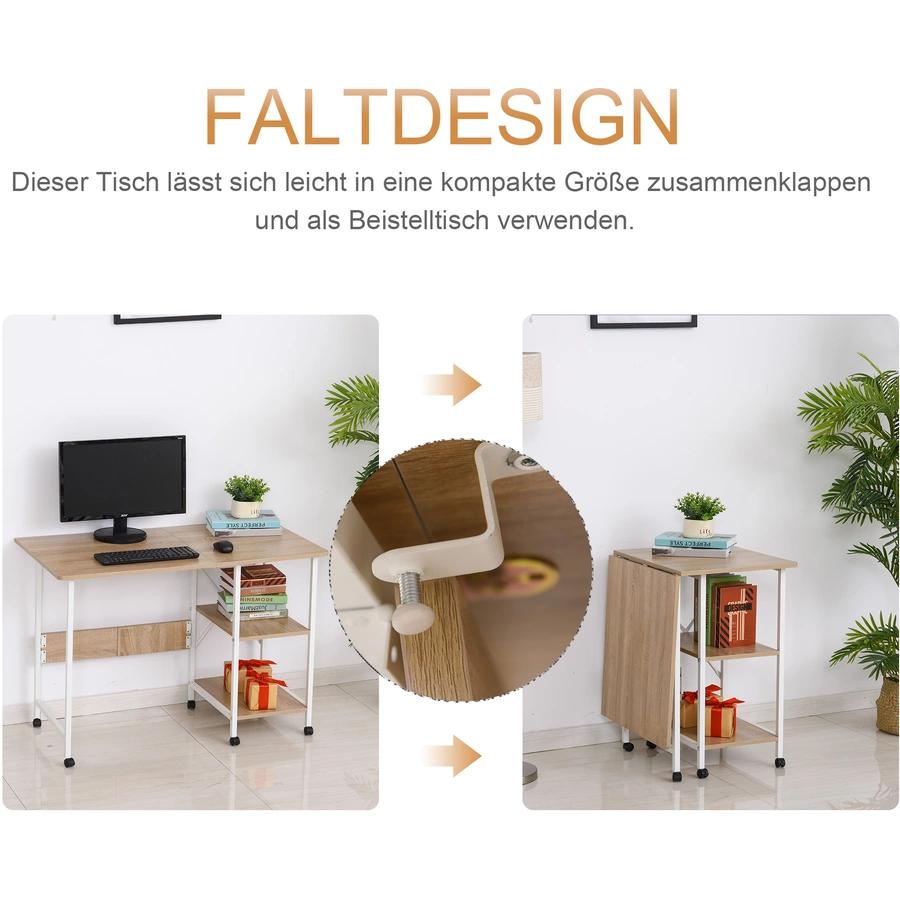 HOMCOM Schreibtisch einklappbar und auf Rollen natur, weiß