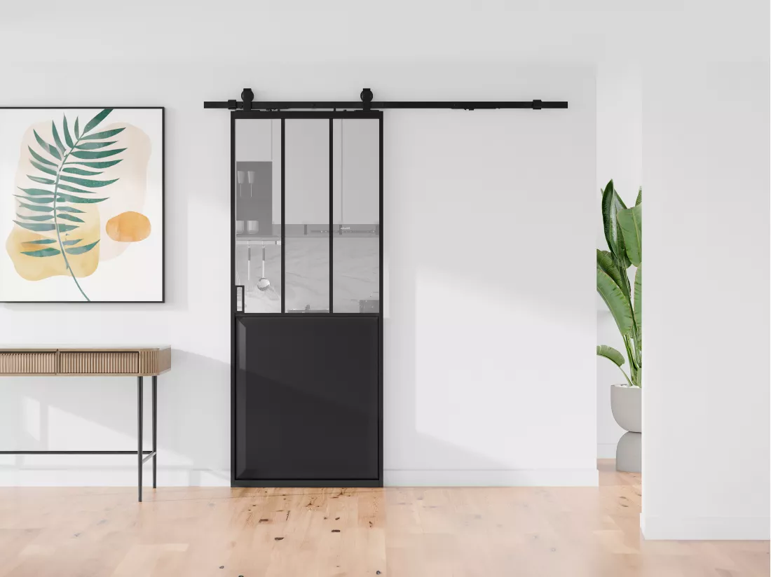 Porte coulissante atelier avec système en applique - Noir et verre trempé - H205 x L63 cm - ARTISTO II