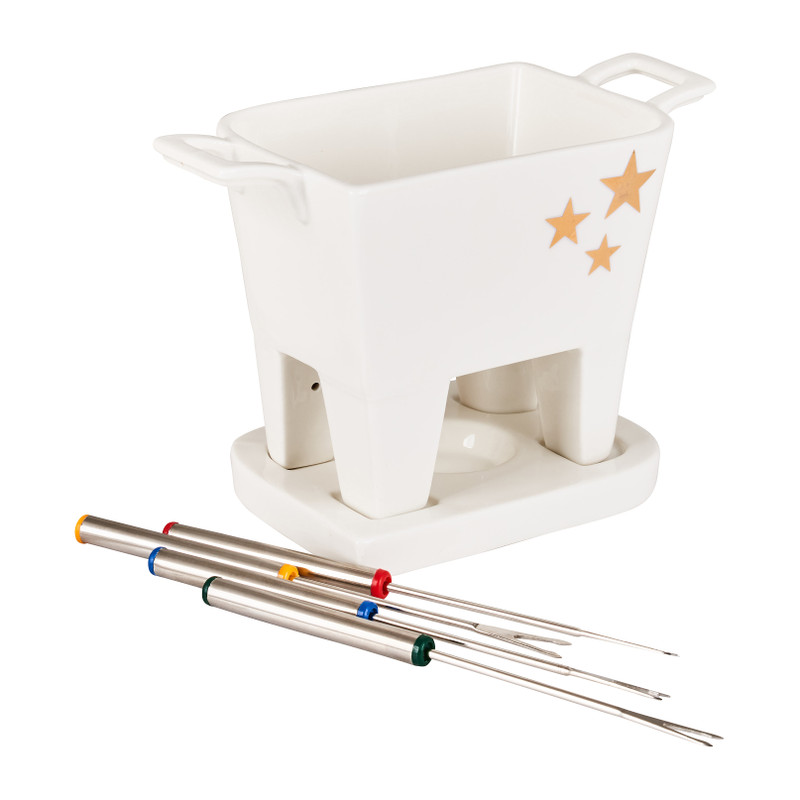 Fondue set met 4 vorkjes - wit/goud - 20x10,5x13,5 cm