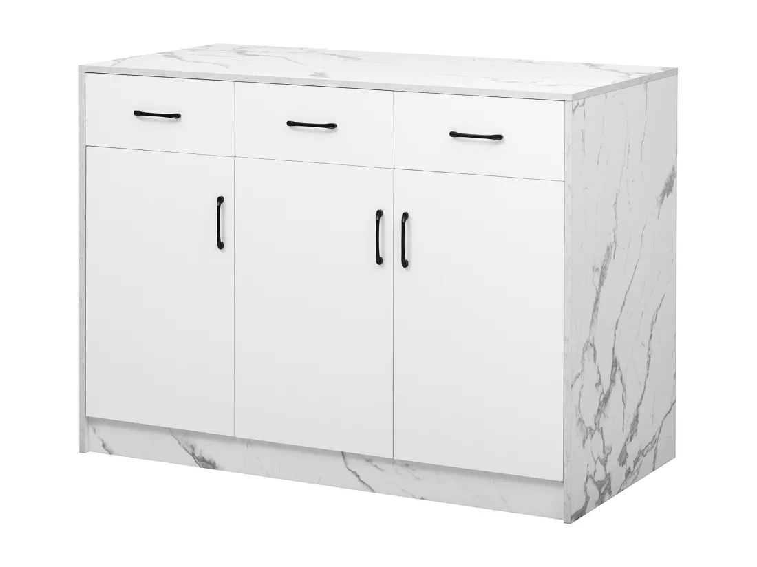 Ilot central de cuisine avec 3 portes et 3 tiroirs - 112 x 60 x 90.5 cm - Plateau en effet marbre - Bois MDF - Blanc