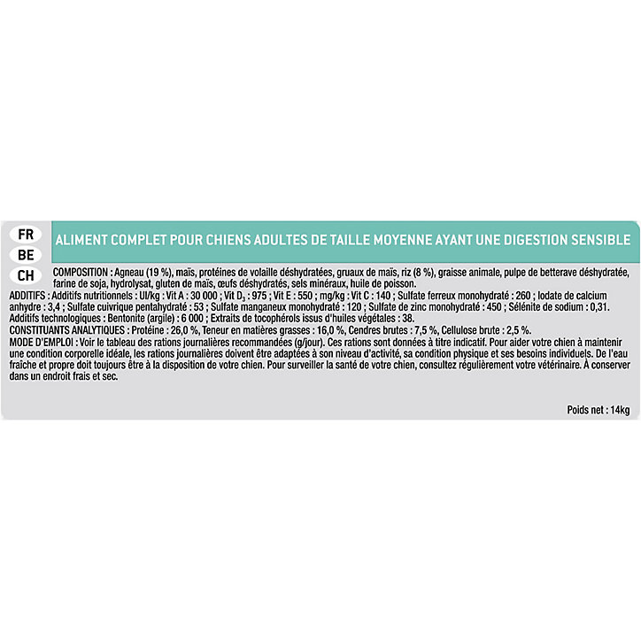Croquettes pour chien Pro Plan Medium Adult Sensitive Digestion riche en agneau et riz14kg