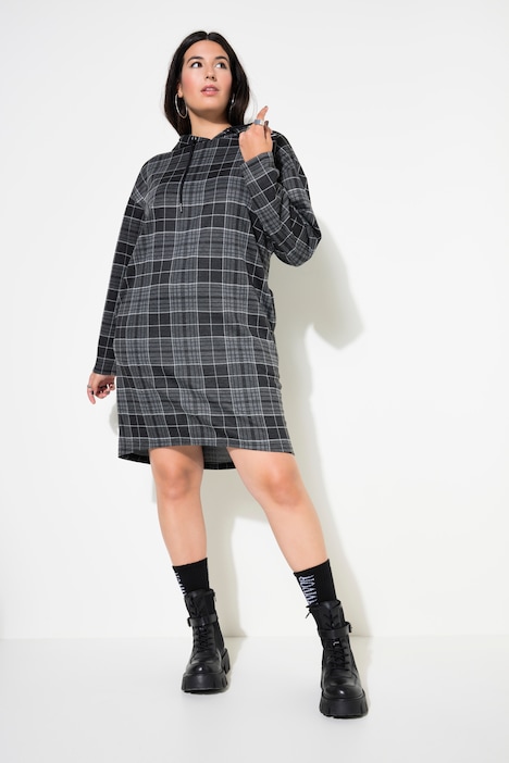 Midikleid, oversized, Jersey, Karo, Kapuze, Langarm