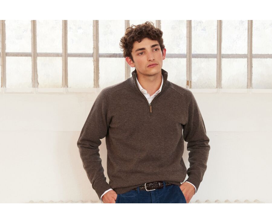 Pull col zippé homme laine Chocolat Chiné - KENNETH
