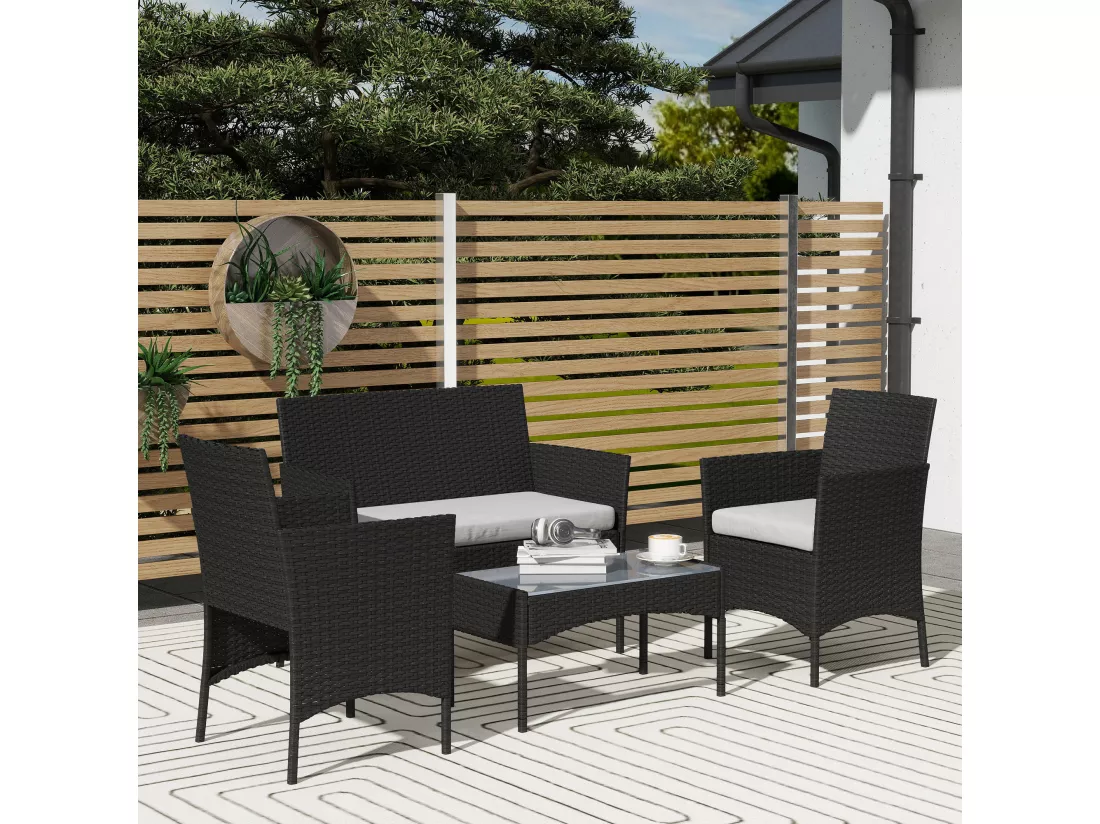 Ensemble salon de jardin 4 personnes 4 pièces résine tressée plateau verre trempé noir gris
