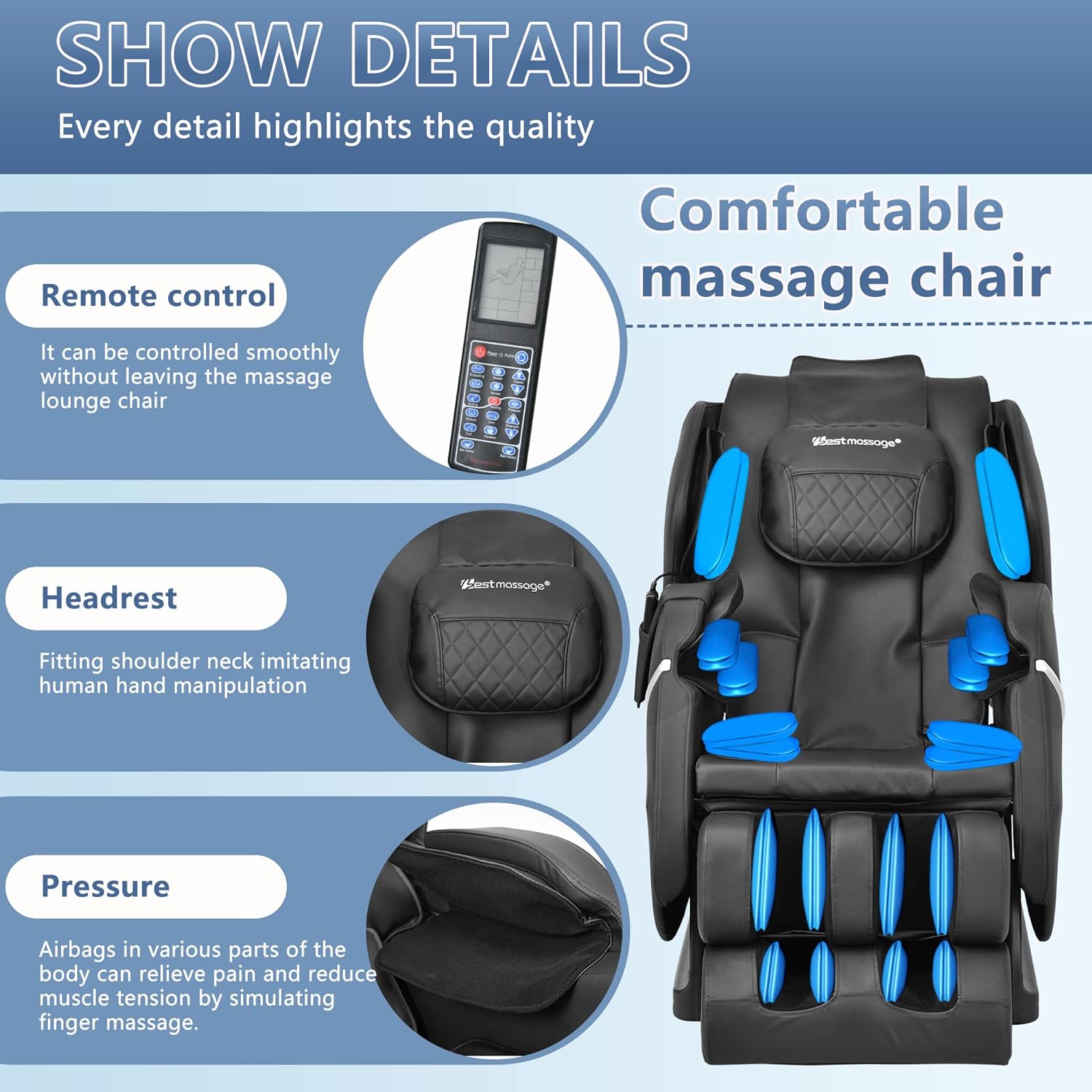 Cadeira de Massagem Elétrica Shiatsu de Corpo Inteiro com Gravidade Zero, Rolos para os Pés, Sistema Integrado de Massagem com Ar e Terapia de Calor, Alongamento e Vibração para Casa e Escritório (Preta)