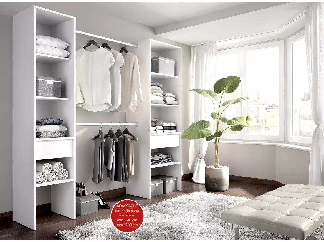 Armoire dressing en bois mélaminé avec 2 colonnes et 2 tiroirs coloris blanc - Longueur 160 x Profondeur 50 x Hauteur 185 cm
