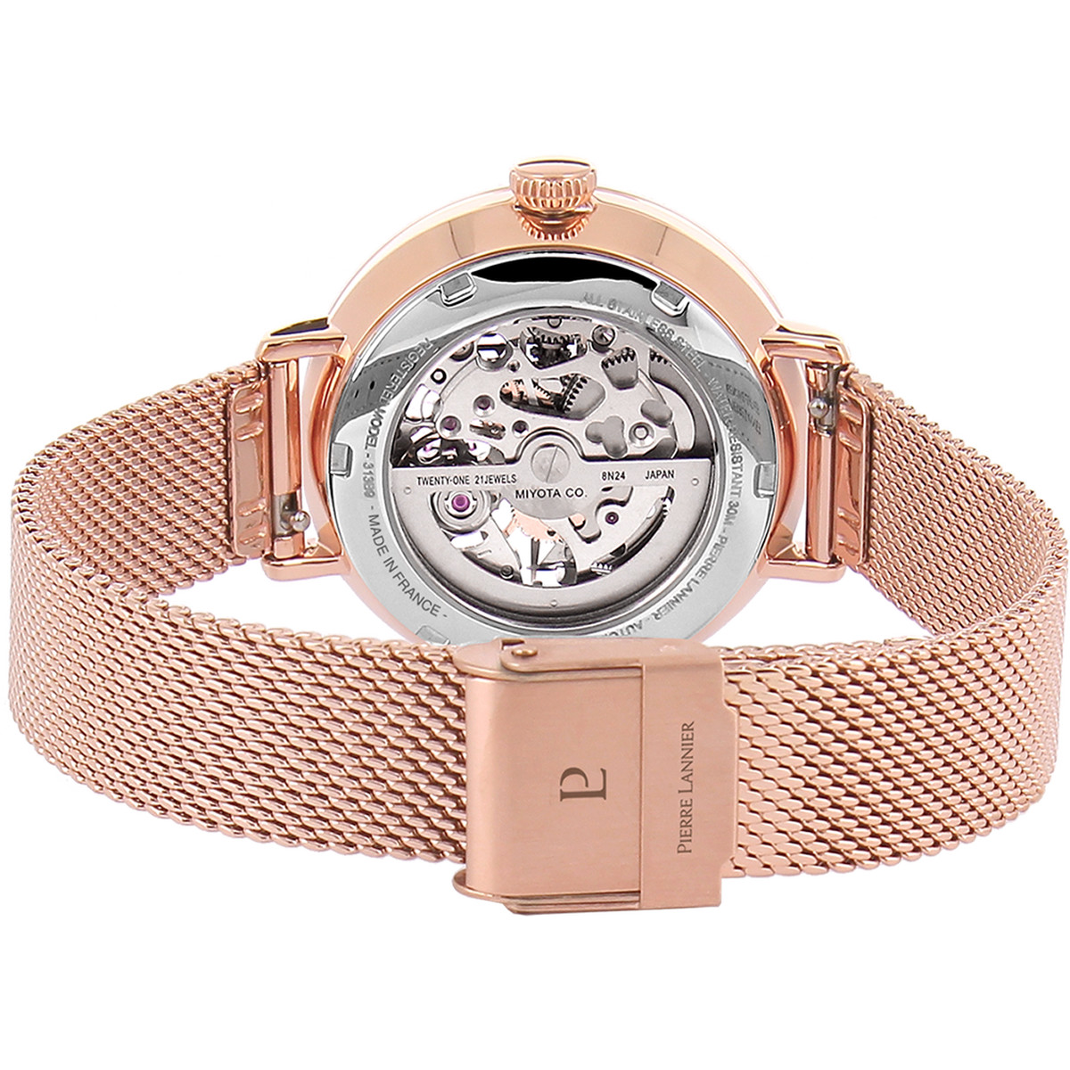 Montre Pierre Lannier femme automatique acier doré rose maille milanaise