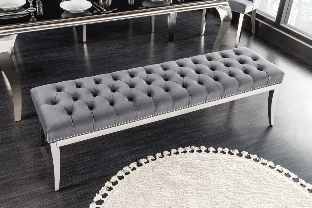 Design Sitzbank CASTLE DELUXE 165cm grau Samt silber Edelstahl gepolstert
