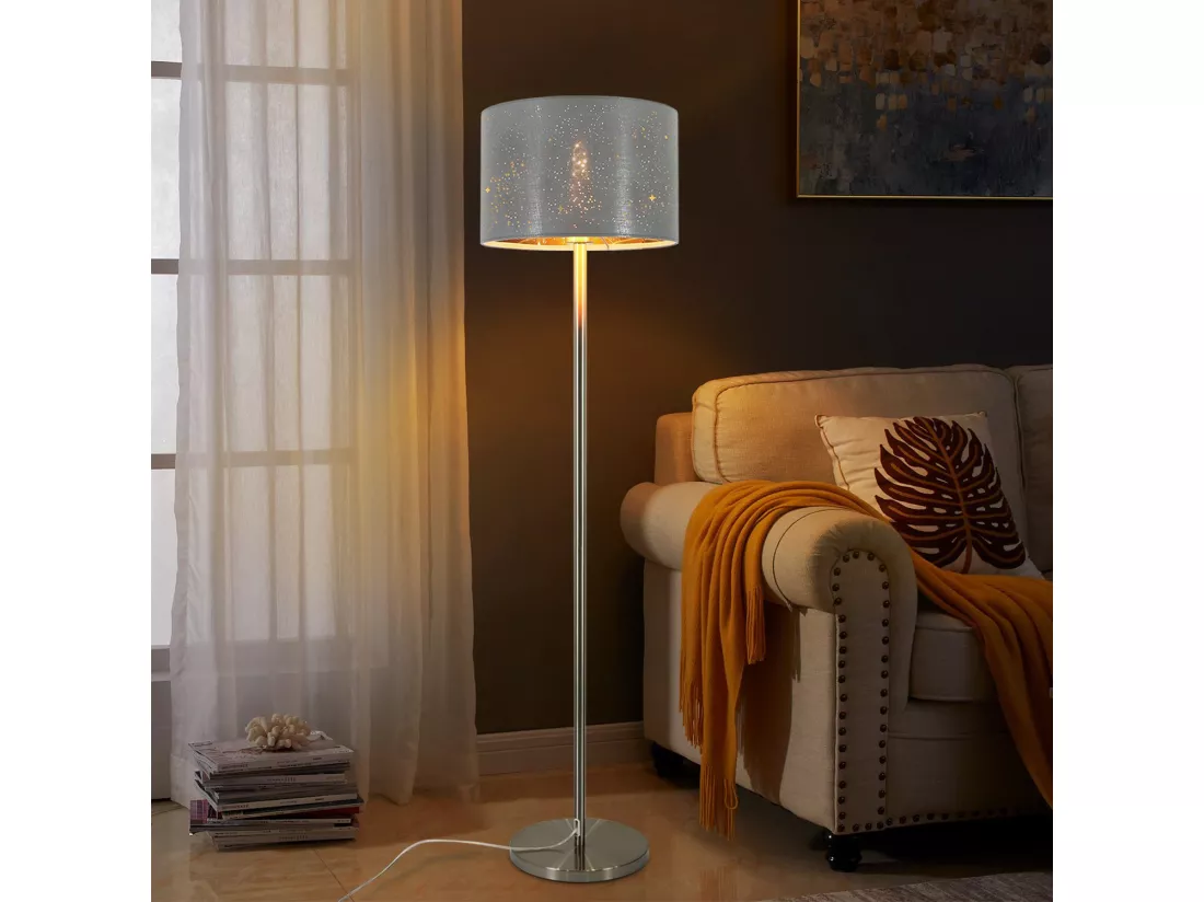 NETTLIFE Lampadaire Salon moderne - Lampe sur pied avec abat-jour en tissu gris or design étoile 144cm avec interrupteur à pied E27 et prise