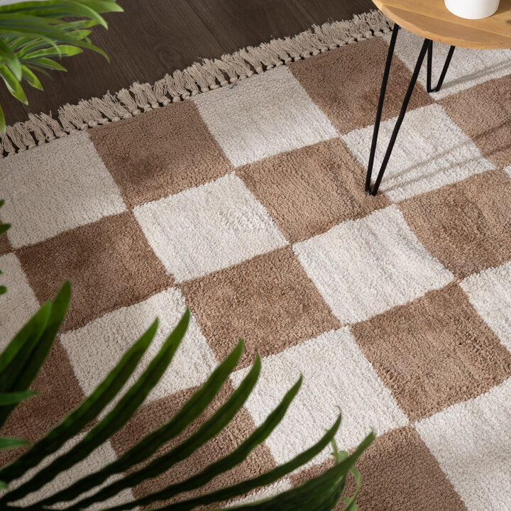Checkerboard vloerkleed - Blox Fringe Beige