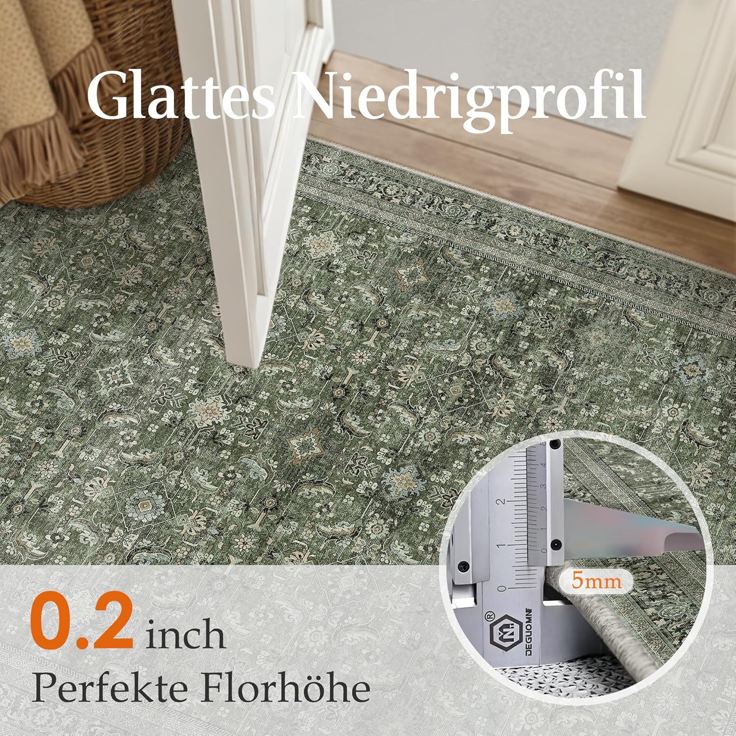 Vintage Grün Waschbarer Teppich Wohnzimmer 200x300cm Retro Rugs for Living Room Weich rutschfest Groß Tepich Kurzflor Schlafzimmer Carpet Living Room Bedroom Esszimmer Teppiche Büro