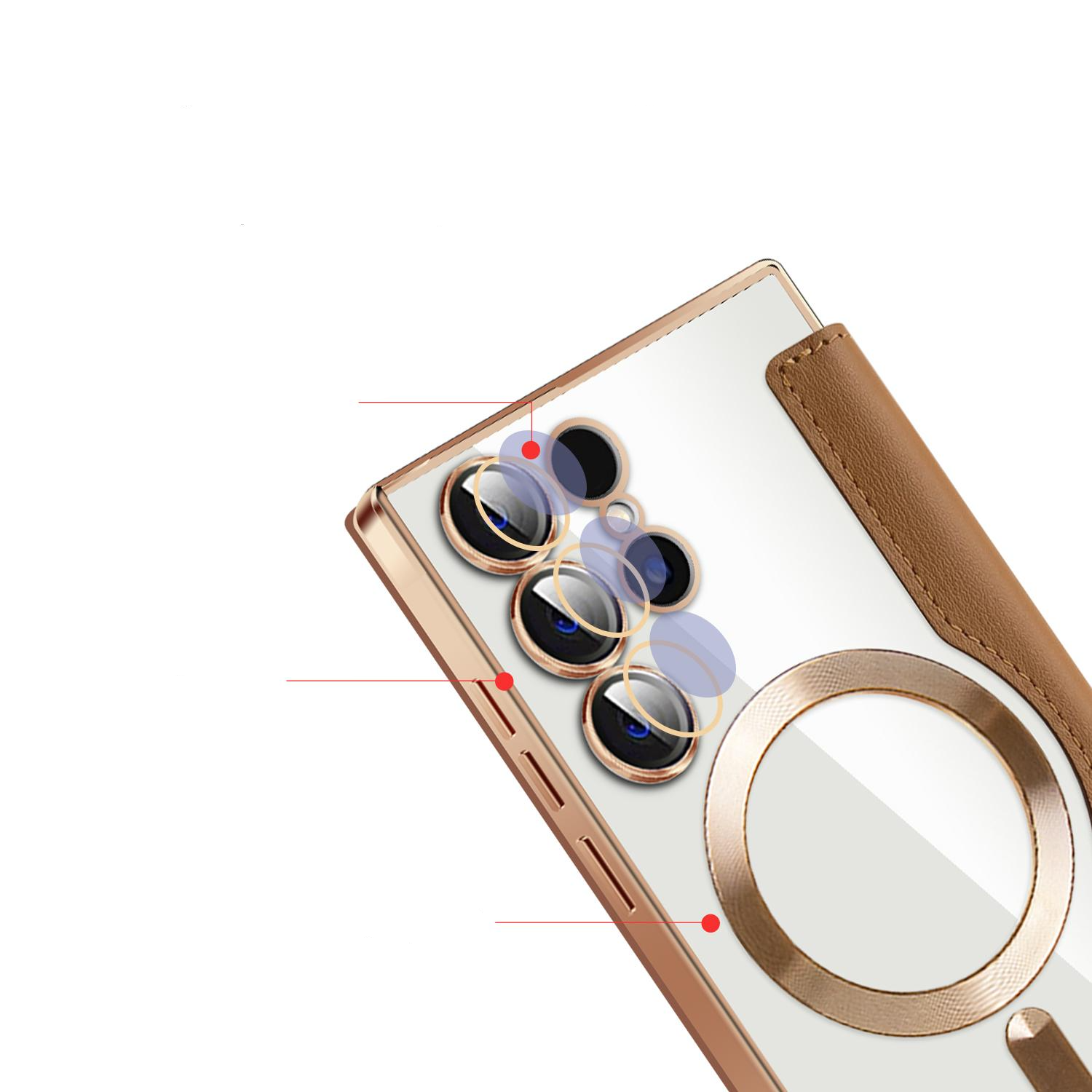 Samsung Galaxy S24 Ultra Hybrid Leder Tasche   Kunststoff Rückseite MagSafe-Modul - Braun / Transparent