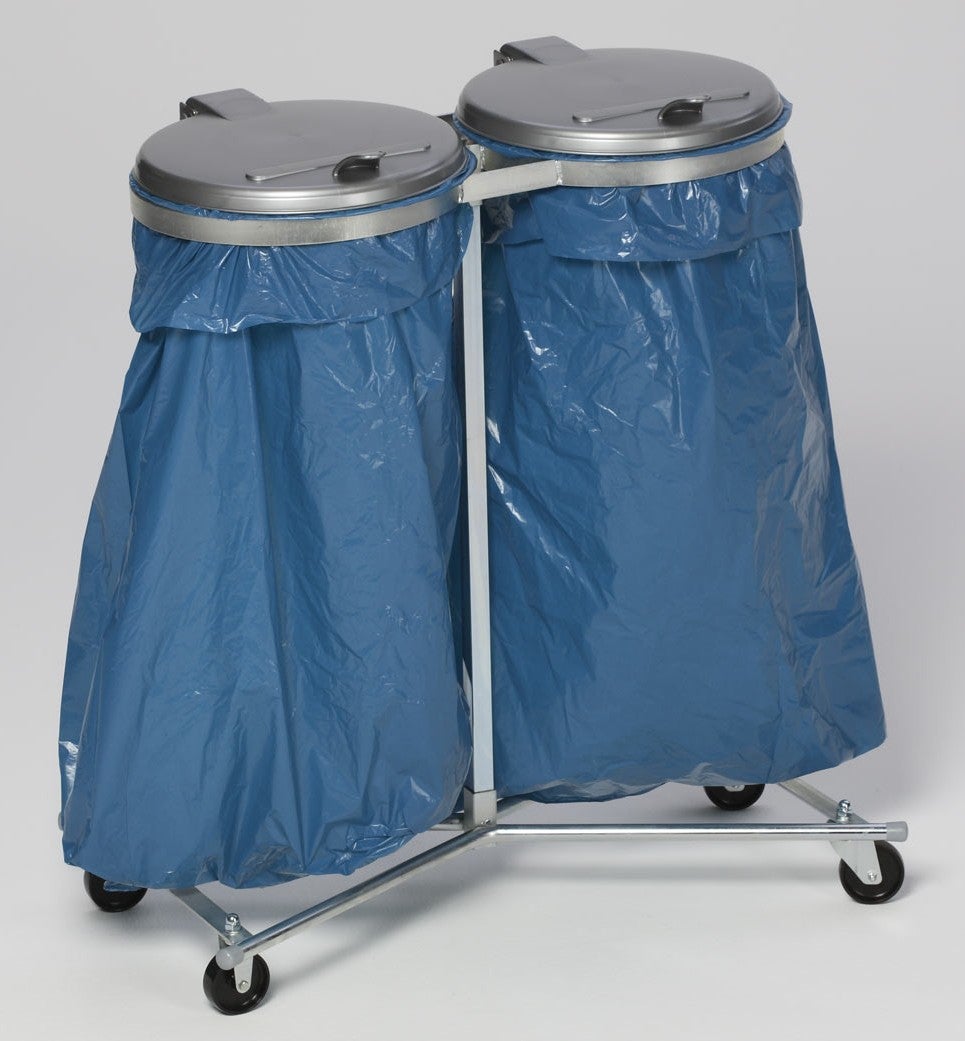 PROREGAL Robuuste dubbele afvalbak met kunststof deksel, verrijdbaar, 2 x 120 liter, hxbxd 102 x 86 x 48 cm, gegalvaniseerd staal, zilver