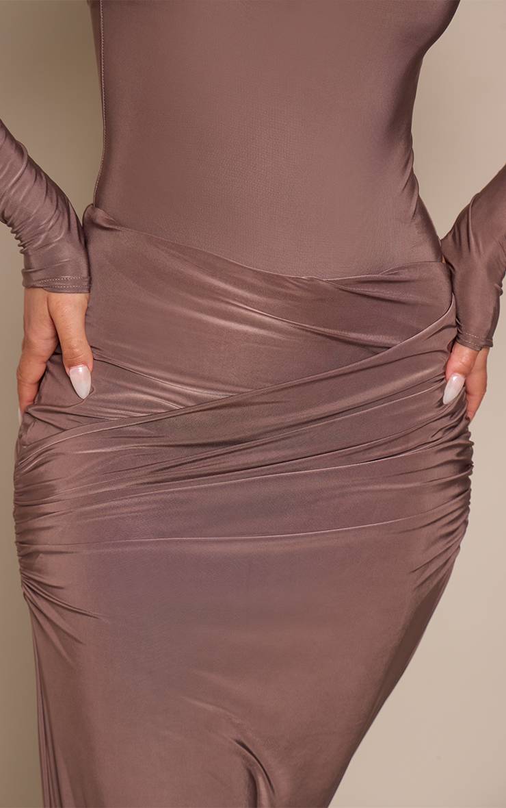 Deep Taupe Jupe Mi-longue En Tissu Soyeux Avec Détails Froncés