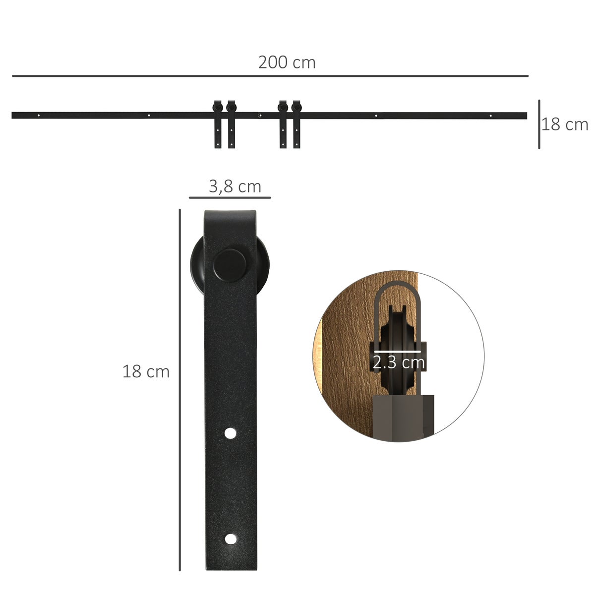HOMCOM Schuifdeursysteem Rail Schuifdeurbeslag voor dubbele houten deuren Accessoires Koolstofstaal Zwart 200 x 0,6 x 18 cm