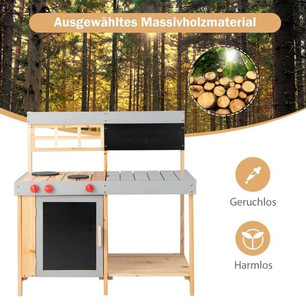 Utendørs leirkjøkkensett for barn lekekjøkken i tre 89 x 45 x 90 cm natur + grå