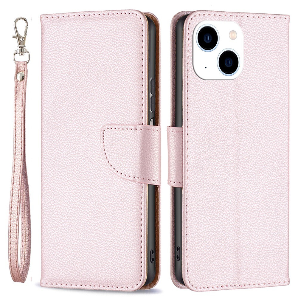 iPhone 14 Leder Tasche Flip Cover im Litchi Look mit Kartenfach   Handschlaufe - Roségold