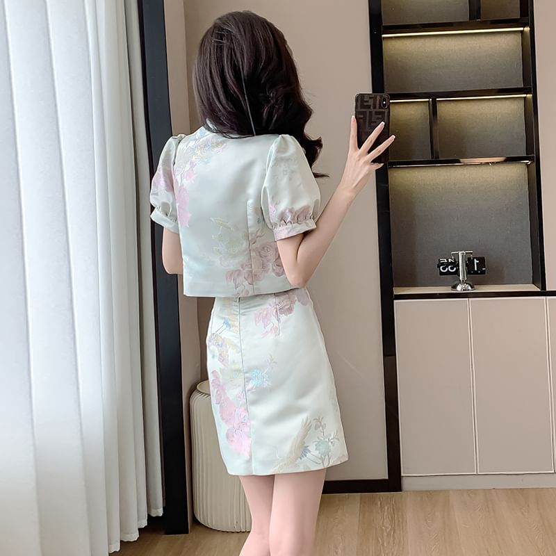 Petit Lace - Set: Hanfu blouse met korte mouwen en bloemenprint + mini A-lijn rok met hoge taille