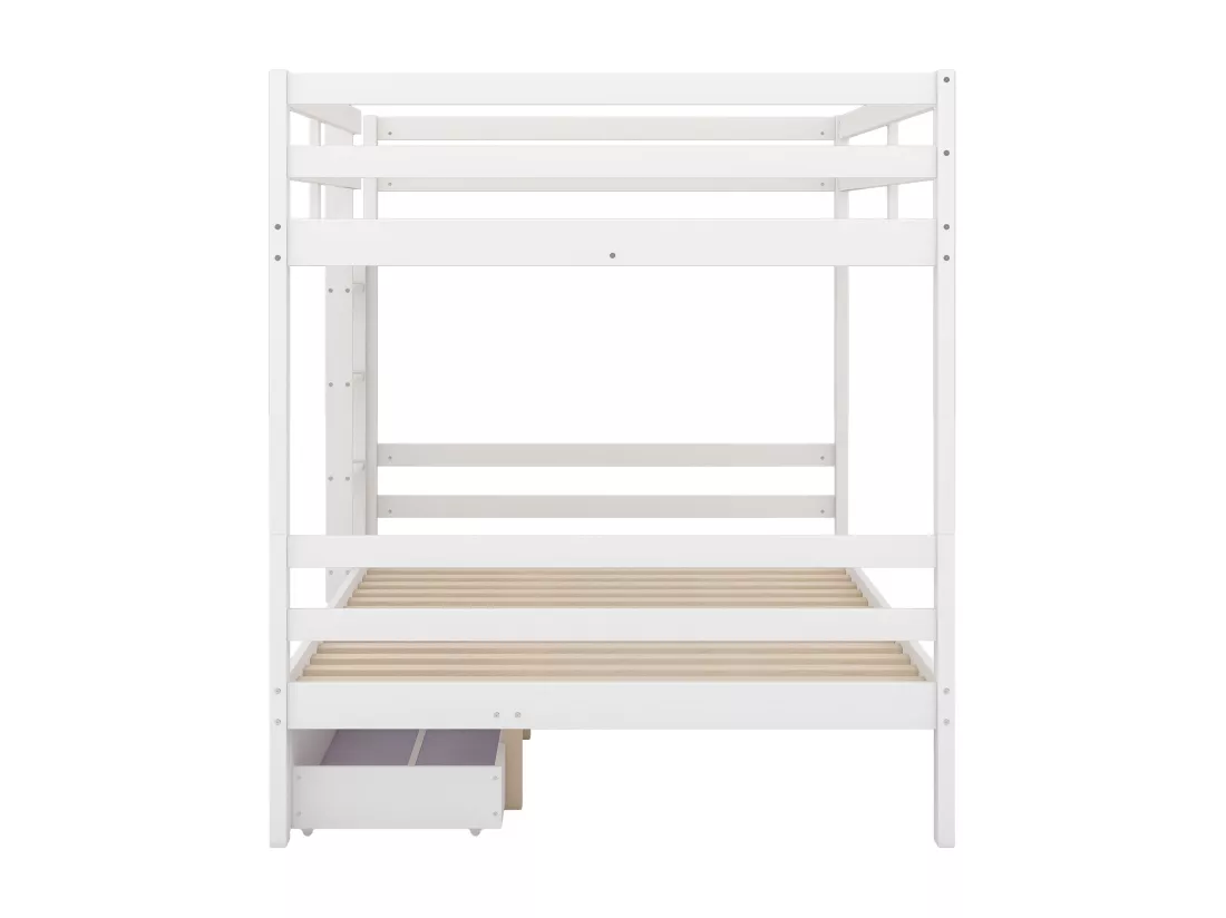 Lit superposé 140x200cm, lit d'enfant avec 2 tiroirs, échelle, garde-corps hauts, blanc