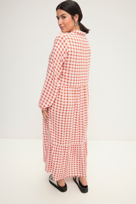 Maxikleid, A-Line, Krawattenprint, Hemdkragen, Langarm