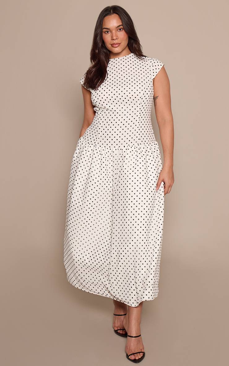 Blanc Robe Midi À Taille Basse À Pois Noirs Grande Taille