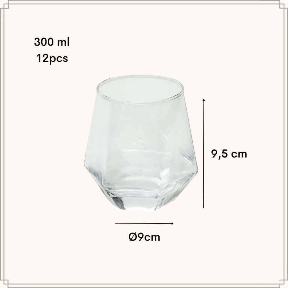 OTIX Waterglazen Set van 12 300ml Diamant vorm Transparant Glas