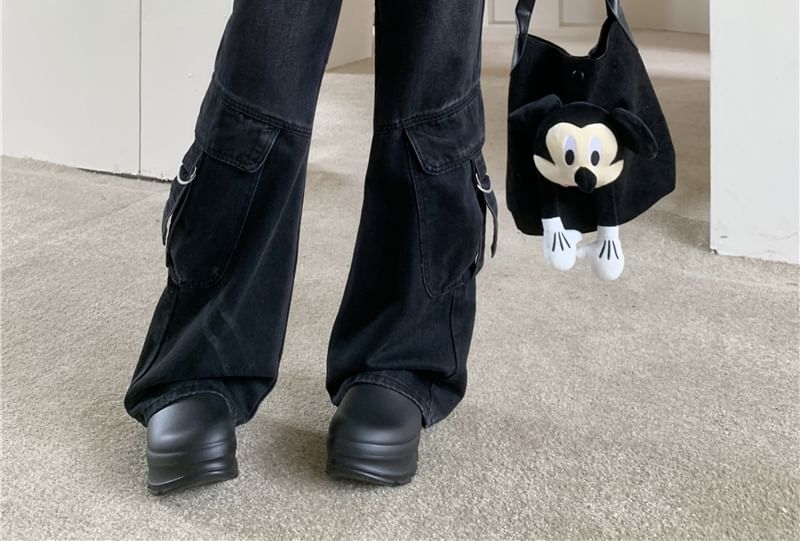 scenesweet - Mid Rise Washed Flared Cargo Jeans