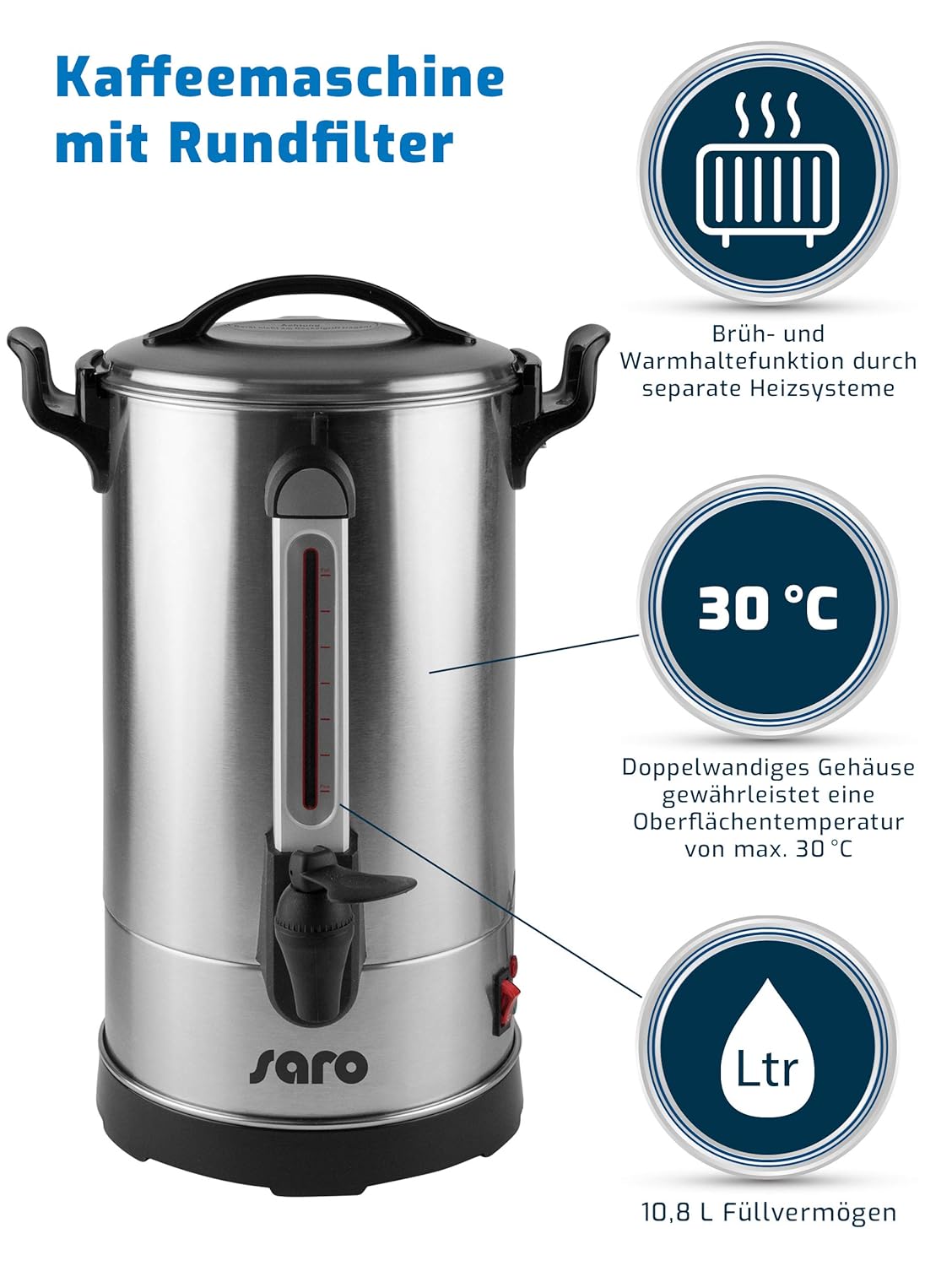 Saro Kaffeemaschine für Frühstücksbuffet & Gewerbe – 10,8 L – Doppelwandig – 100 Tassen – Edelstahl mit Zapfhahn & Warmhaltefunktion – 230 V – 1,6 kW – Modell CAPPONO 100
