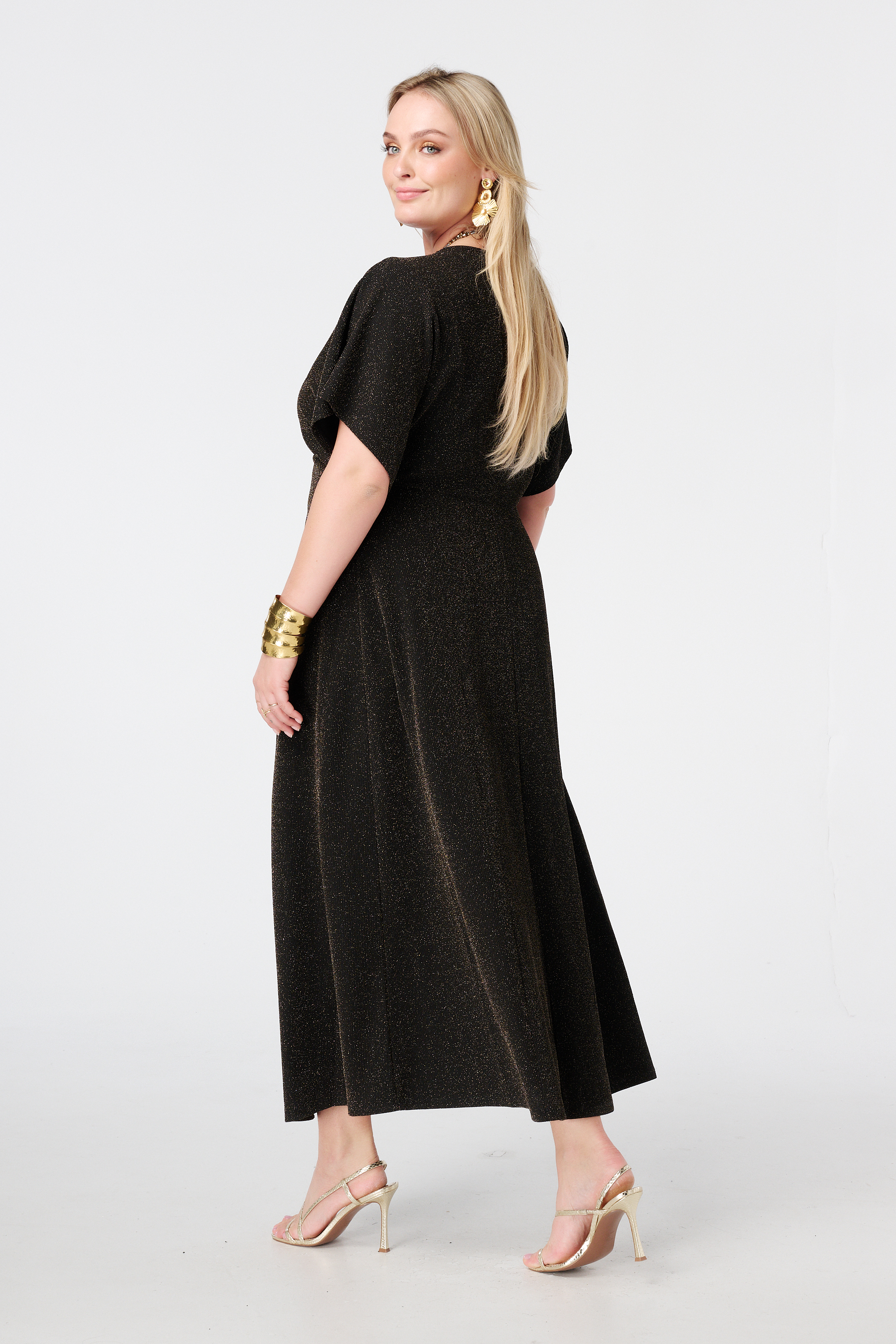 Glitter jurk met vlindermouwen en knoop detail bronze