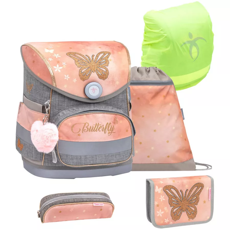 Belmil Schulranzen Compact Schulranzen Set 5-teilig mit Brustgurt Golden Butterfly