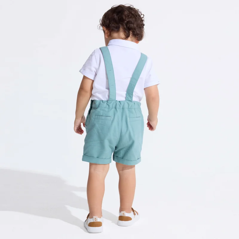 Salopette courte verte et polo maille piquée blanc bébé garçon Vert