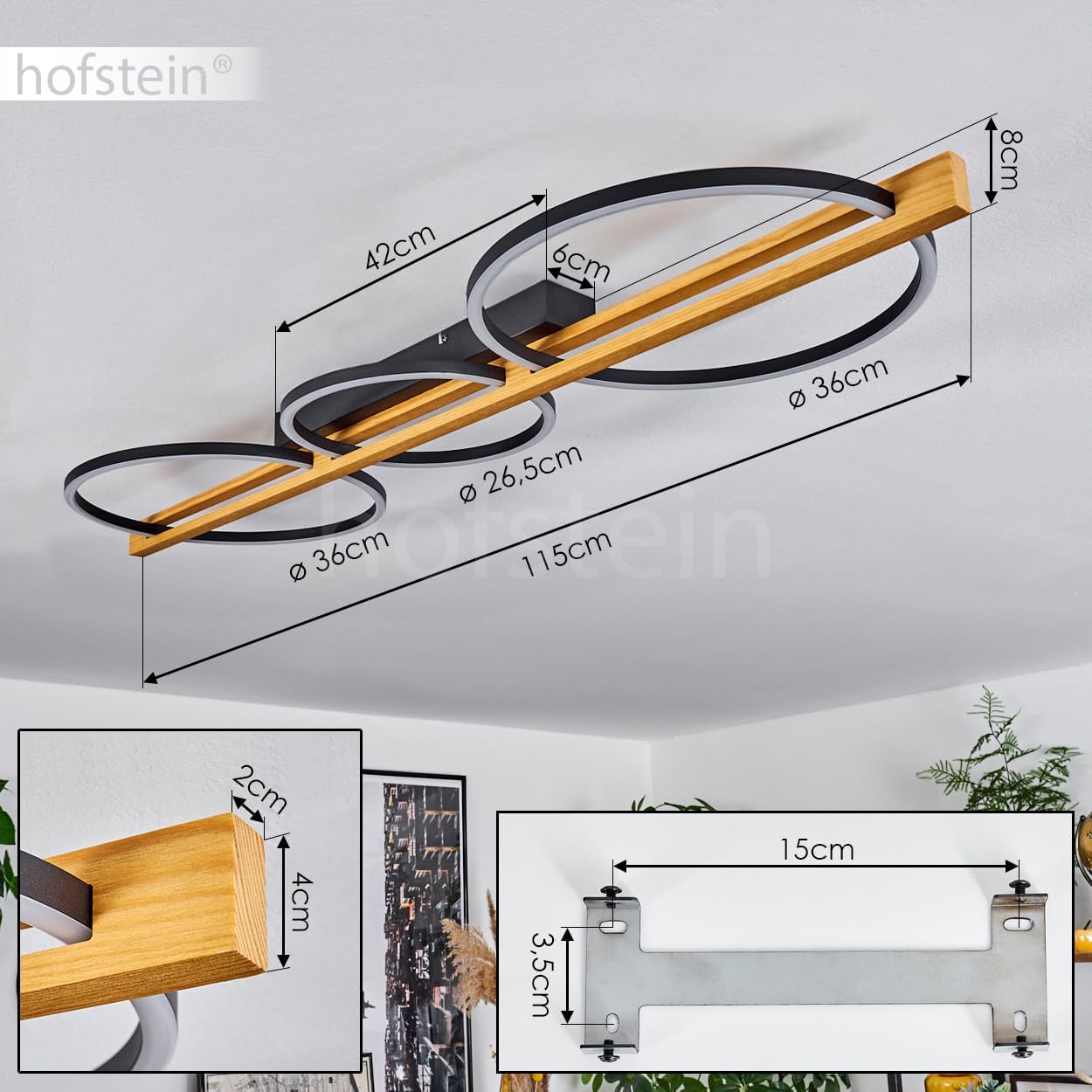 LED Deckenleuchte Carcano, dimmbare Deckenlampe aus Metall/Holz/Kunststoff in Schwarz/Natur/Weiß, (Ø 26,5 cm, 36,5 cm), 3-flammig, 38 Watt, 1600 Lumen, 3000 Kelvin, dimmbar über Lichtschalter