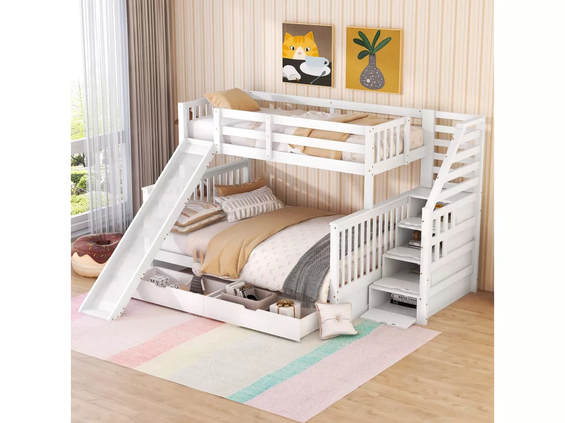 Lits superposés 90 x 200 et 140 x 200 avec tiroirs, espace de rangement et glissière, blanc