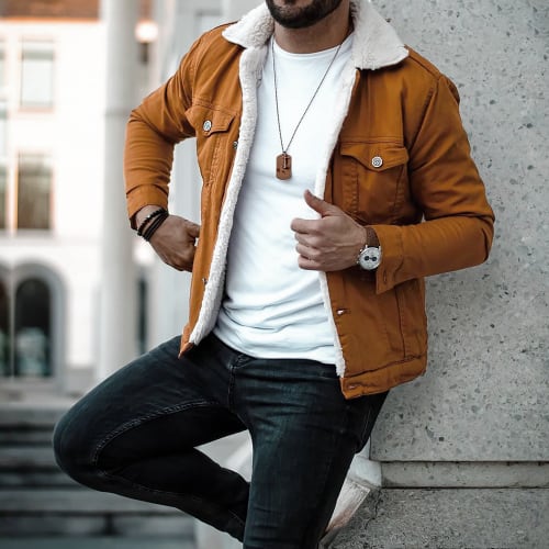 Veste Jean Super Slim Fit A Col Mouton 5004 Camel Blanc