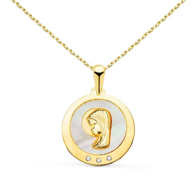 Collier - Médaille Vierge Or 18 Carats 750/000  Jaune et Nacre - Chaîne Dorée