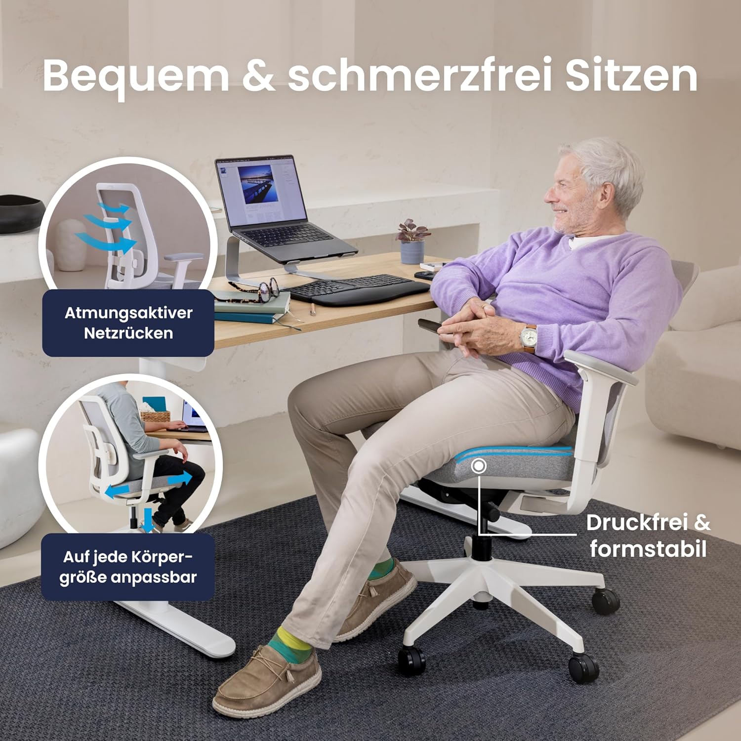 Ergotopia PureBack ergonomischer Bürostuhl – Schreibtischstuhl ergonomisch mit Kopfstütze, 4D-Armlehnen & Synchronmechanik – Für Home Office, Büro & Gaming – Bequemer Drehstuhl für gesundes Sitzen