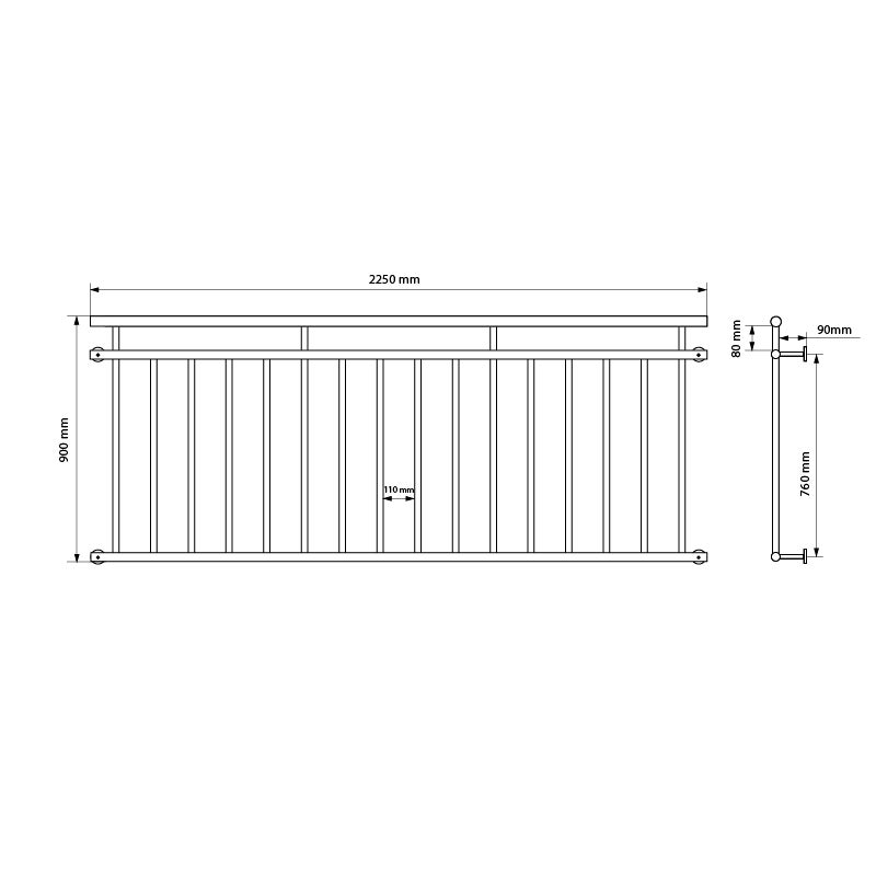 ECD Duitsland Frans balkon 225 x 90 cm | met 16 vulstaven | glanzend | van roestvrij staal | balkonleuning, balkonrooster, raamrooster