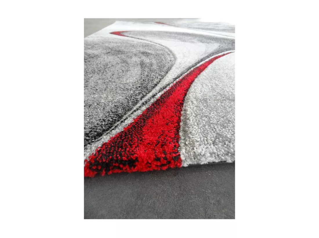 tapis chambre Ø120cm tissé rouge et gris rond motif géométrique MADILA