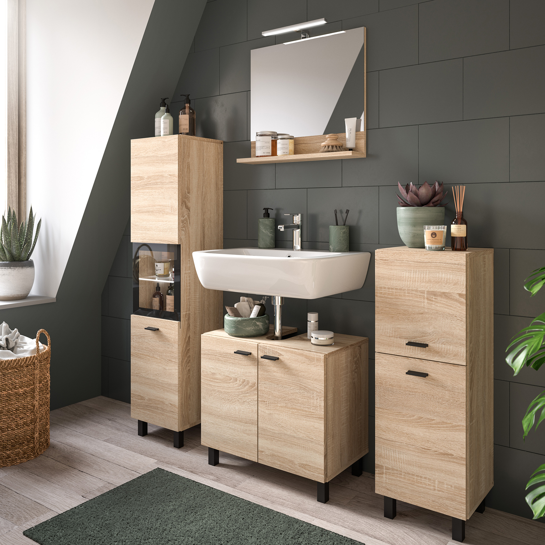 Badschrank BOSTON Sonoma Eiche-schwarz - 30 cm