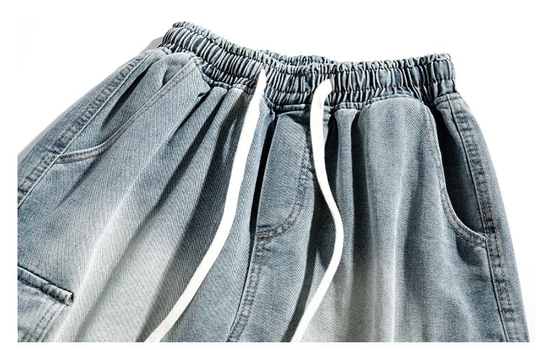 Lefitt - Mid Rise Washed Denim Cargo Shorts